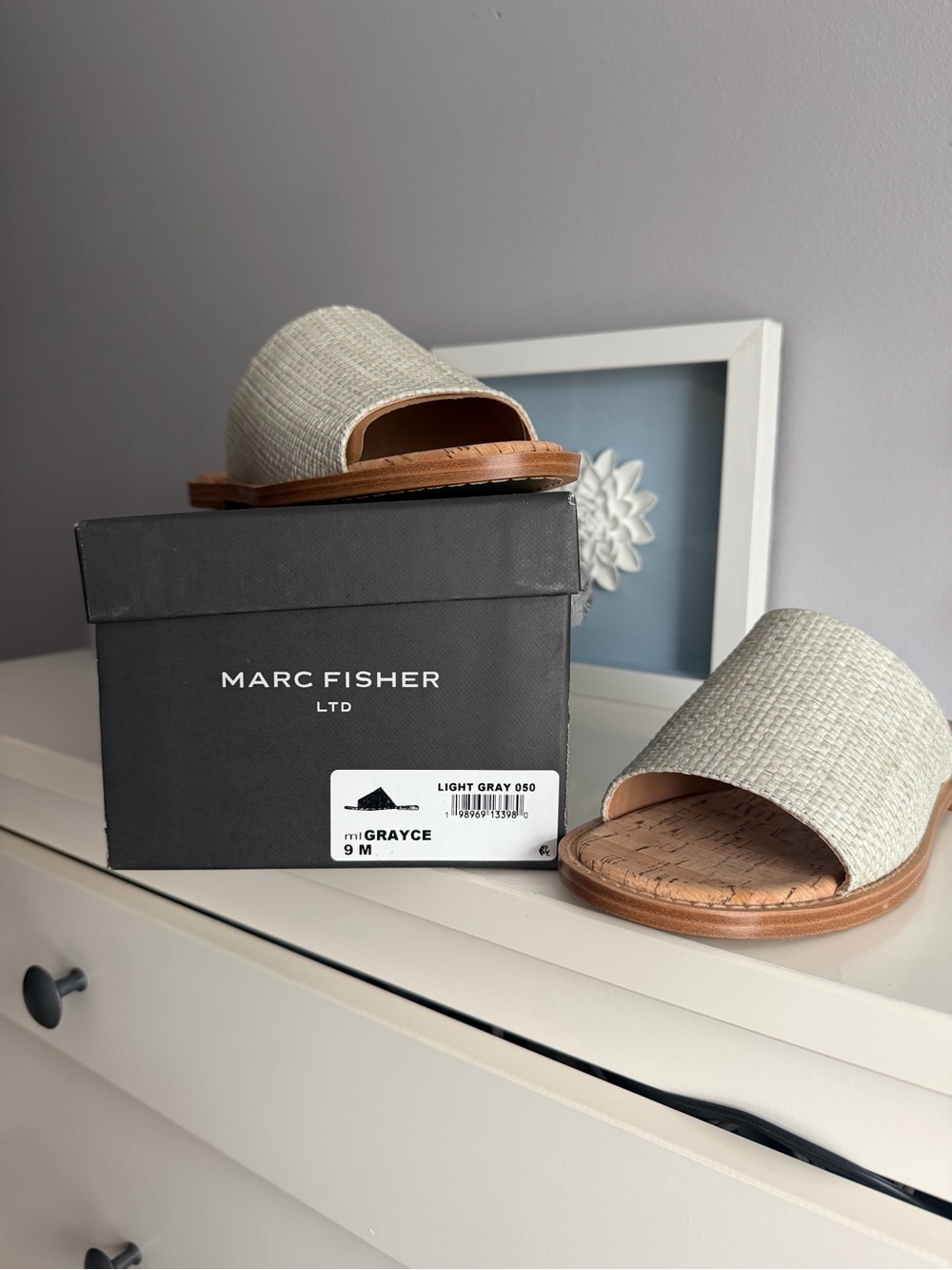 Marc Fisher Light Gray Woven Slide Sandals